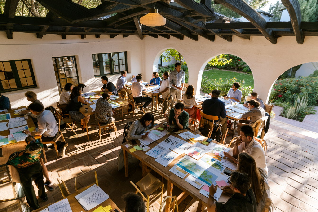 A community workshop with people collaborating around tables covered in papers and notes